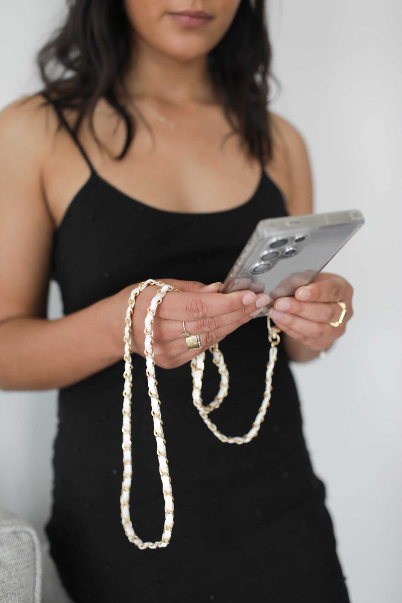 Elektra, Gold and White Vegan Leather Phone Chain