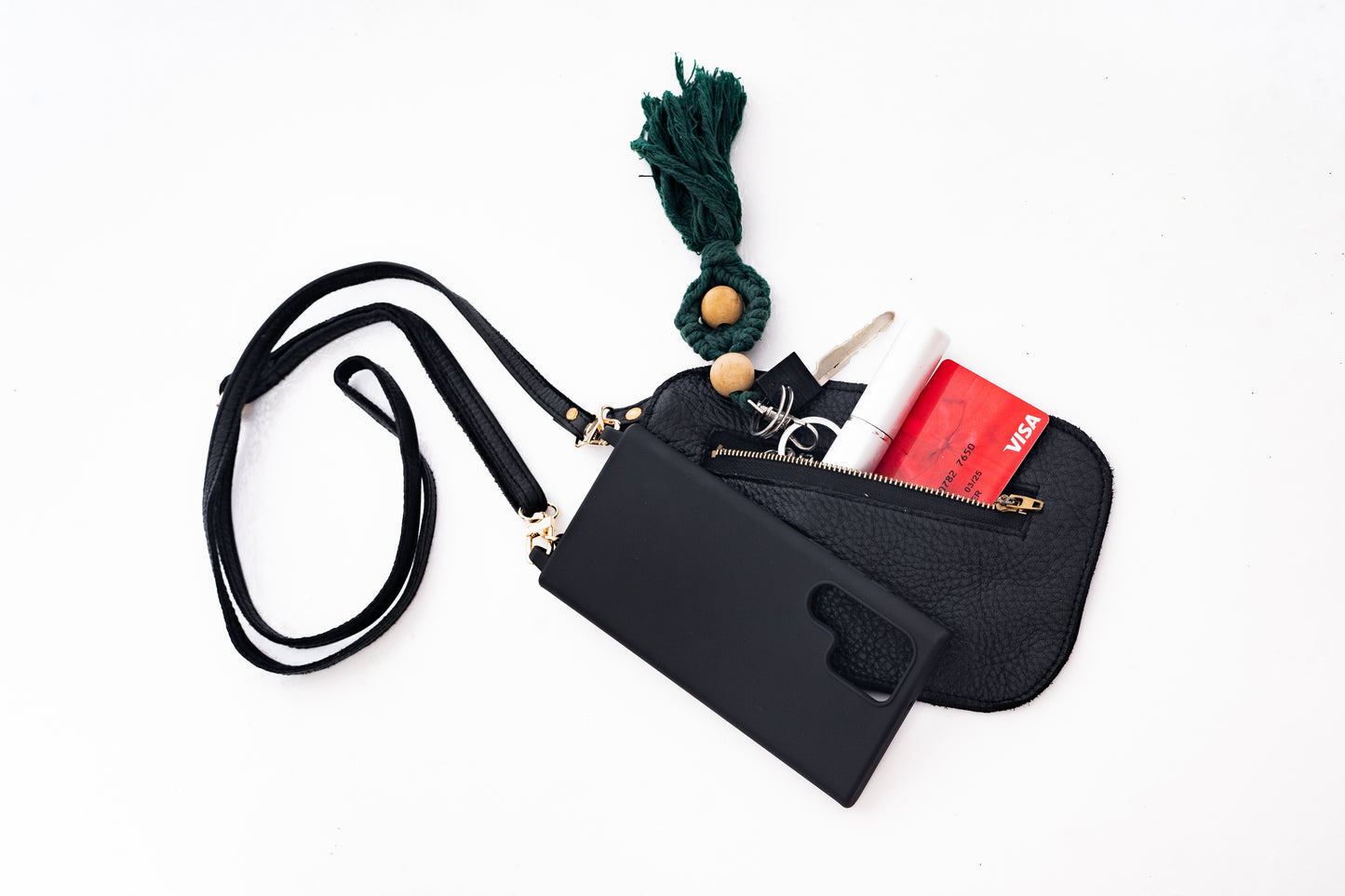 Yena Leather Purse & Strap - Black