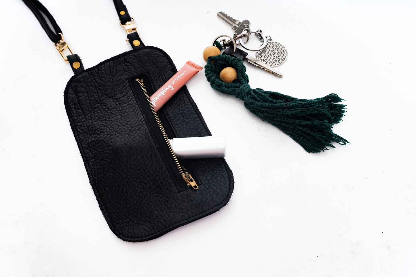 Yena Leather Purse & Strap - Black