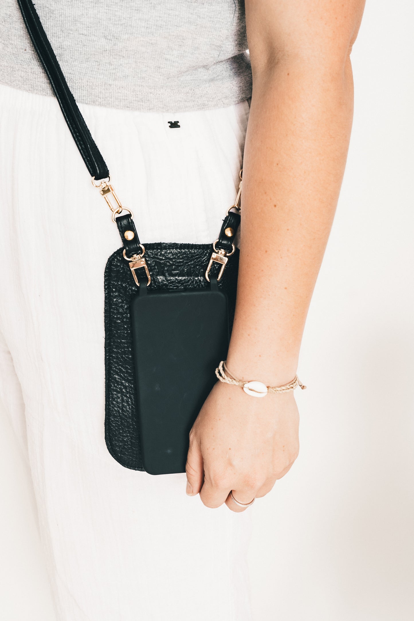 Yena Leather Purse & Strap - Black