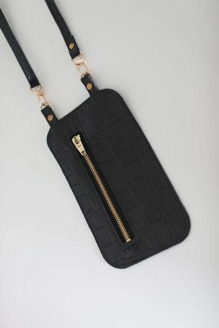 Yena black crocodile imprint leather bag